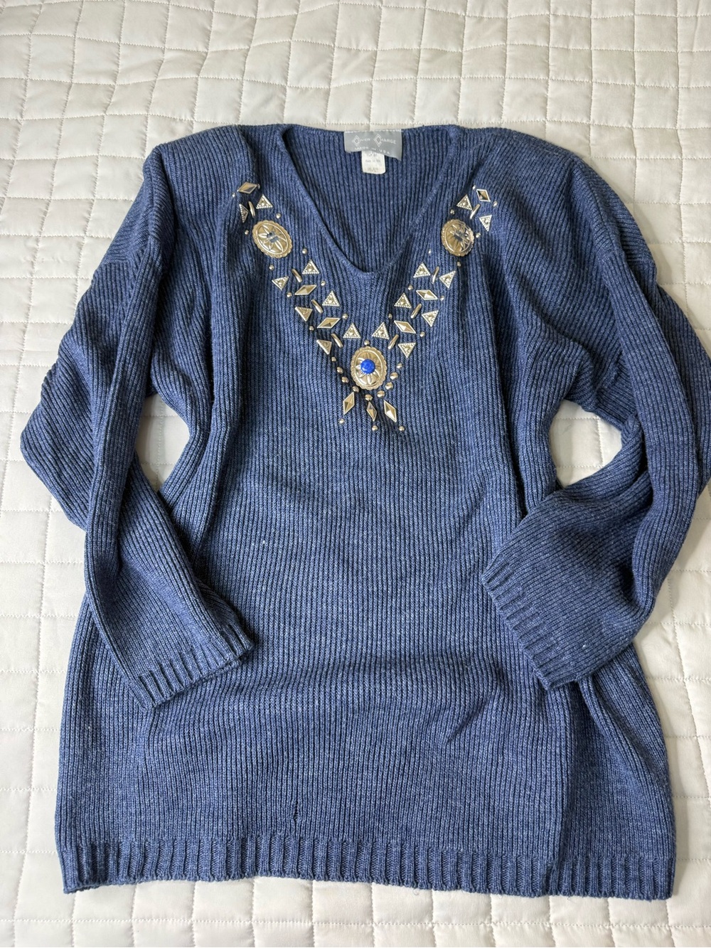 Vintage Oversized Embellished V-Neck Sweater